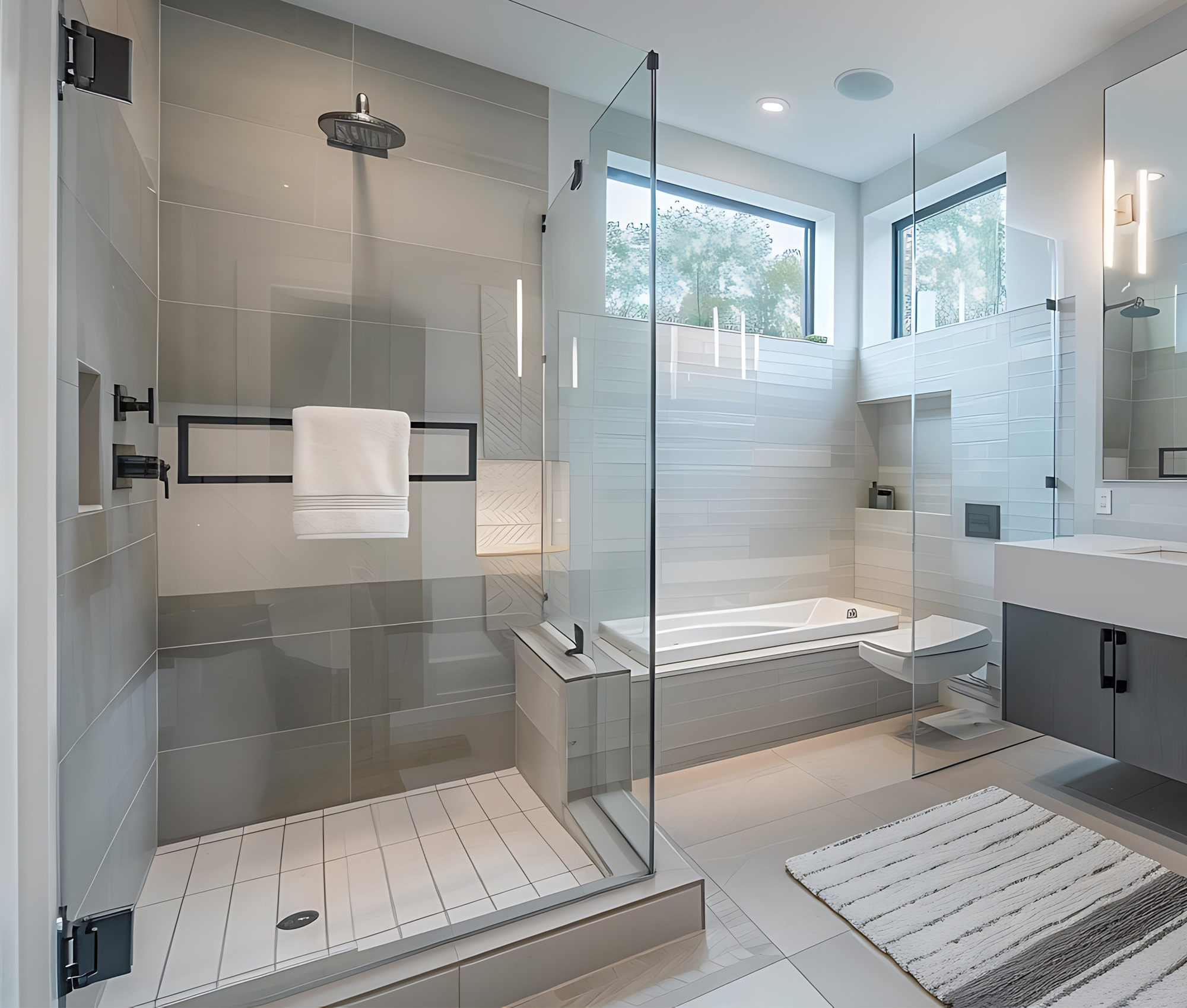 Kleines Badezimmer mit grauen Fliesen, Glasdsuche, Badewanne und Waschbecken mit Spiegel