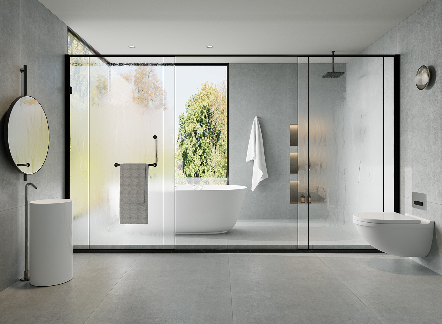 Badezimmer mit einer begehbaren Dusche und einer großen Glasdusche. In der Dusche steht auch eine freistehende Wadewanne
