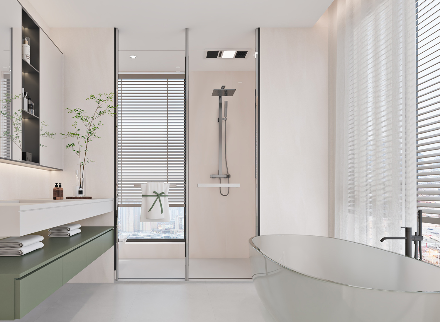 Badezimmer mit Glasdusche, großem Spiegel und freistehender Badewanne